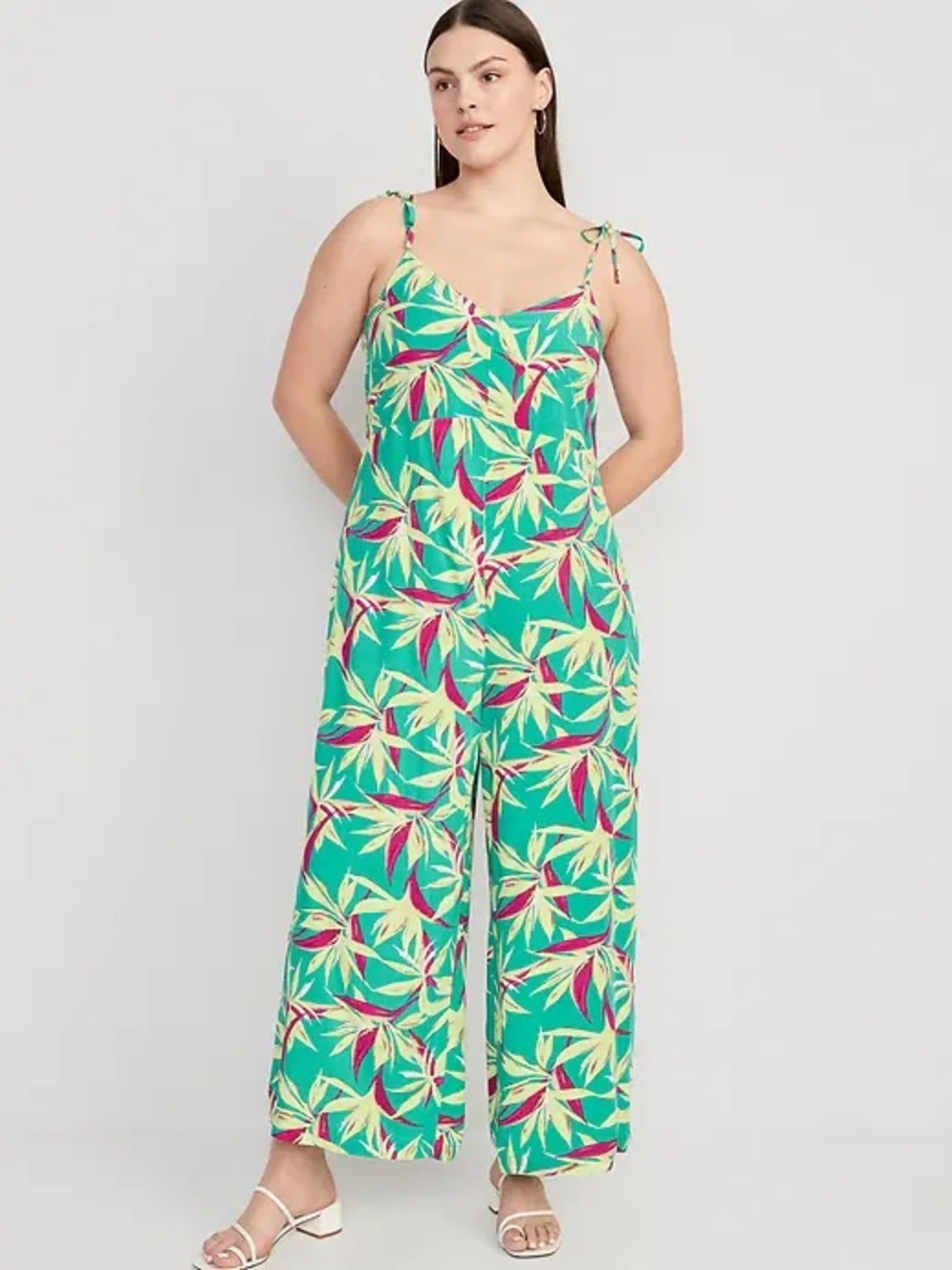 Old Navy Plus XXL Tropical Floral Wide Leg Tie Strap Jumpsuit Green Pink